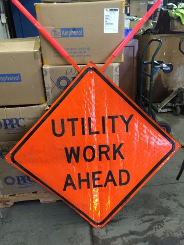 Utility Work Ahead Vinyl Fluorescent Roll Up Sign With Ribs And Flags No Base