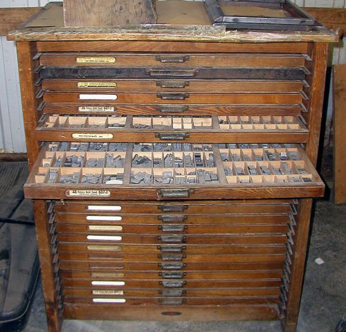 Letterpress Hamilton Type Cabinet 24 Drawer  with type mostly Spartan and Stymie