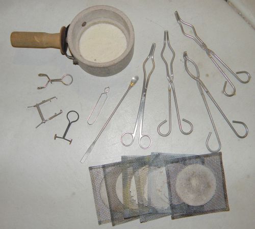 LOT Science LAB CHEMISTRY Bunsen Burner Wire BEAKER FLASK Tongs Holders Clamps