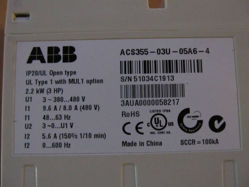 Abb acs355-03u-05a6-4 3hp 2.2kw 380-480v 5.6amps for sale