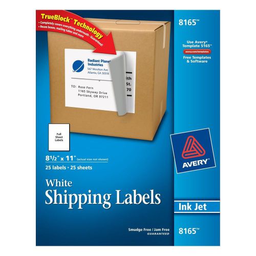 Avery White Full-Sheet Labels for Inkjet Printers Pack of 25 Sheets (8165)