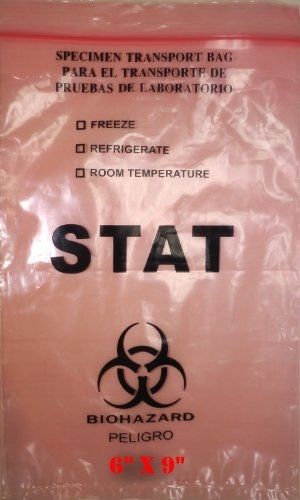 SNL Quality Biohazard STAT &#039;Double Pocket&#039; Specimen Zip Lock Style Bags - Tinted