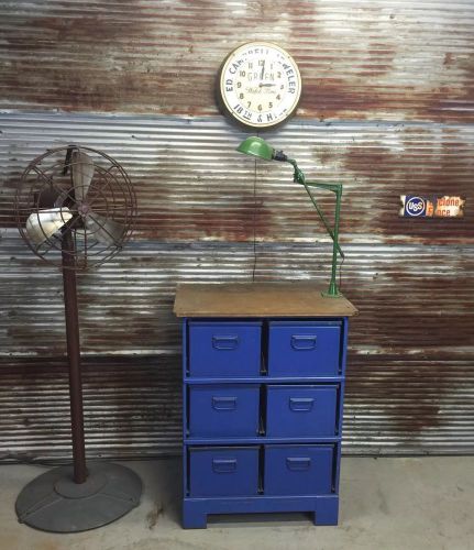 Very heavy iron industrial side table cabinet vintage blue 6 drawer for sale