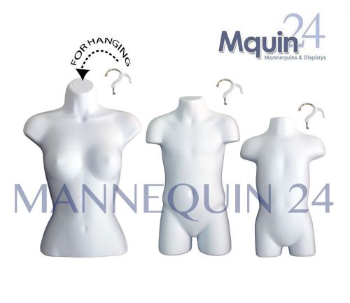 A set of 3 mannequins-female, child &amp; toddler body forms in white + 3 hangers for sale