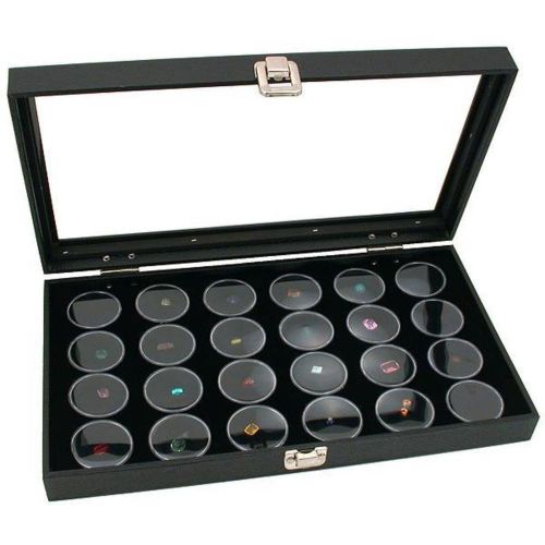 Glass Top Jewelry Display Case Box Black 24 Gem Jars