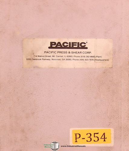 Pacific J Series, Press Brakes, Operations Install and Maintenance Manual