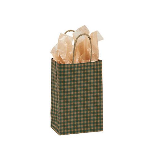 Count of 100 Small Green Gingham Paper Shopping Bag 5  1/4 ” x 3  1/4 ” x 8  3/4 ”