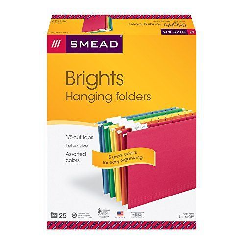 New smead hanging file folders, 1/5-cut tab, letter size, assorted primary for sale