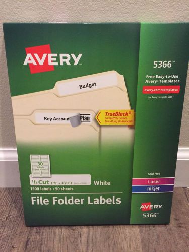 New Avery 5366 White File Folder Labels,1500/50 Sheets PK, Ink/Laser, 1/3 Cut