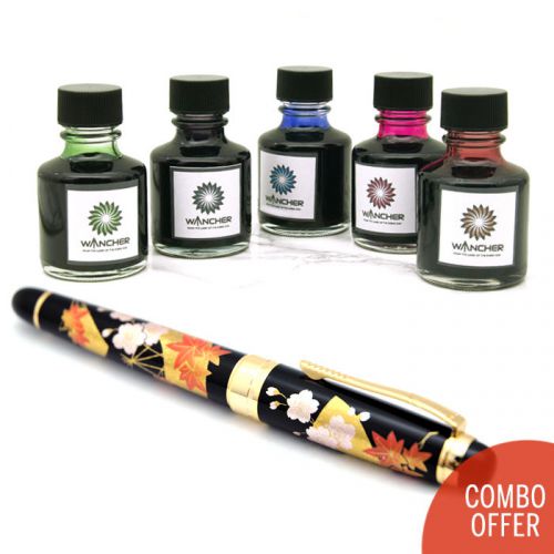 Wancher Lacquer Makie Art Collection Traditional Fan &amp; Flowers Body Fountain Pen
