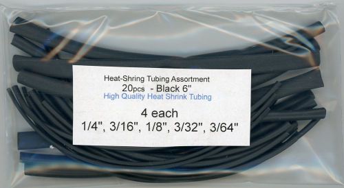 Heat shrink tubing assortment- pkg 20 - 6&#034; black- 1/4&#034;, 3/16&#034;,1/8&#034;, 3/32&#034;, 3/64&#034; for sale