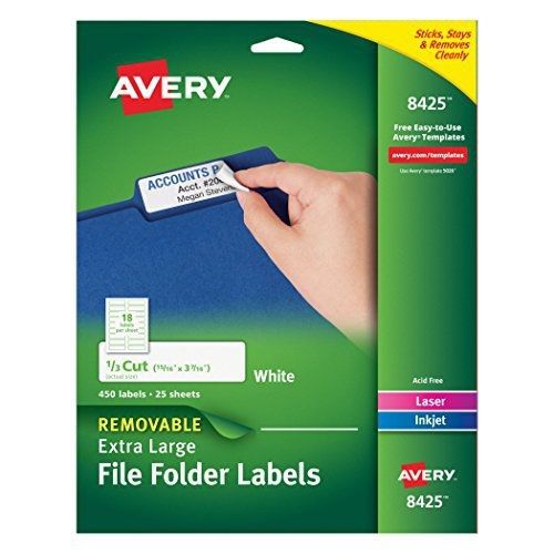 Avery Removable Extra Large File Folder Labels, 1/3 Cut, White, Pack of 450