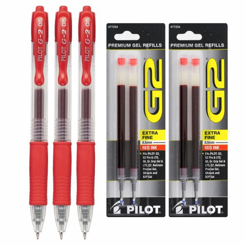 Pilot G2 Retractable Gel Ink Pens, Extra Fine Point 0.5mm, Red, 3/Pack w/Refills