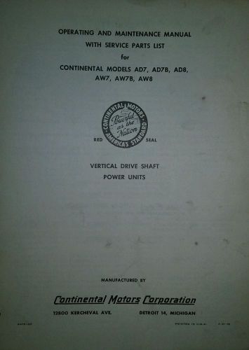 Continental AD7 AD8 AW7 VERTICAL Engine Operator, Parts &amp; Repair Manual Lawn 16p