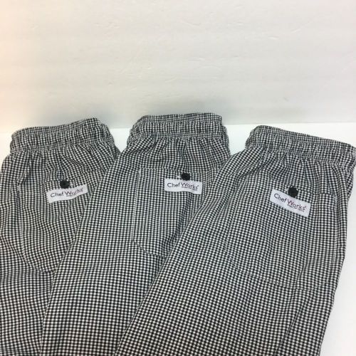 Lot Of 3 Chef Works Pants Sz M Stretch Waist Baggy Black White Checkered Pockets