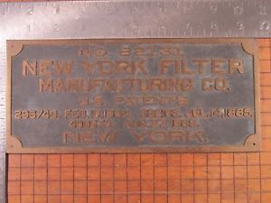 Bronze Nameplate.  NEW YORK FILTER MANUFACTURING CO. 1889