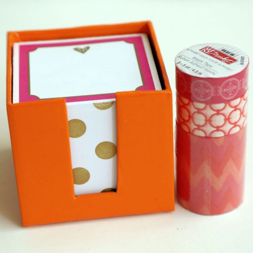 Bright PINK + ORANGE Washi Tape &amp; Notecube Sticky Pad School Desk
