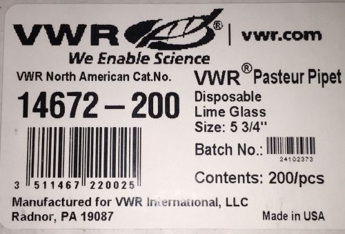 VWR PASTEUR PIPET 14672-200 DISPOSABLE LIME GLASS 5 3/4&#034; BOX OF 200
