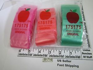 3 bags of 100 1.75&#034; x 1.75&#034; 2 mill plastic zip seal bags 1 green 1 red 1 pink for sale