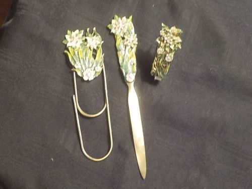 3 Piece Vintage Desk Set Staple Remover Letter Opener Paper Clip Enamel Flowers