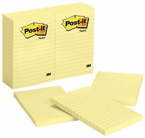 3M Post-it Lined Original Notes, 4 x 6 Inches, Canary Yellow, Pack of 12