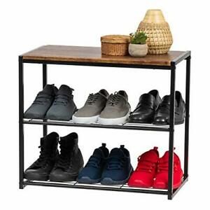 IRIS USA WSSO-3 Shoe Storage Organizer, Black with 3-Tier Black With Brown Wood