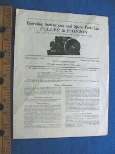 Vintage 1930 FULLER &amp; JOHNSON STATIONARY ENGINE INST. &amp; PARTS LIST