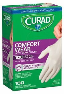 CURAD Comfort Wear LATEX Exam Gloves 100 Count One Size Fits Most, Powder Free