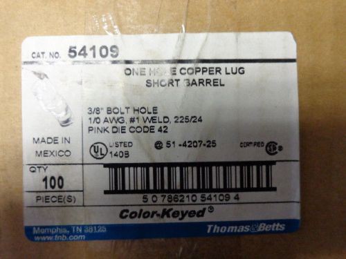 (100) new thomas &amp; betts 54109 1-hole short barrel copper lugs 1/0 awg for sale