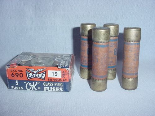 (1) nos pack of 5 eagle &#034;ok&#034; 15 amp glass plug fuses &amp; (2) 35 amp &amp; (2) 60 amp for sale