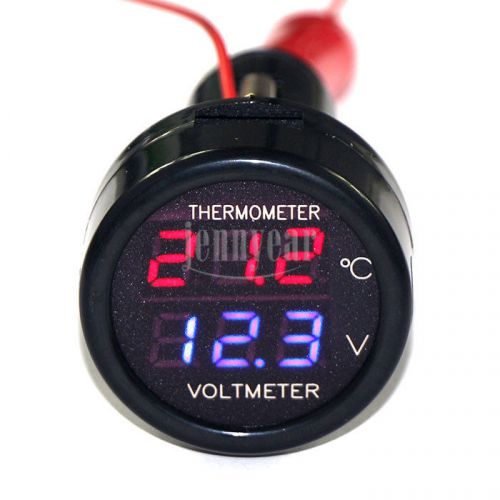 Digital Cigarette Lighter Voltmeter Thermometer  Red/Blue LED Car Gauges Meter