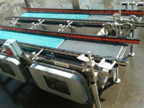 (2) 14&#034; x 80&#034; l stainless case metering conveyors for sale