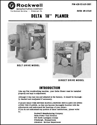Rockwell Delta 18 Inch Planer Manual 1964