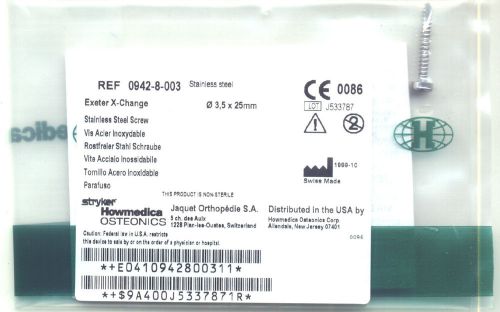 STRYKER SCREW Exeter X - Change Howmedica Ref #  0942-8-003 fi 3.5x25 mm NEW