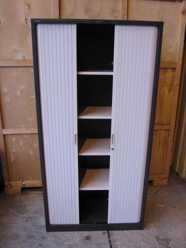 Tall grey roneo tambour cabinet with shelves for sale