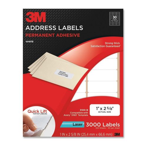 18000 labels 3M PERMANENT 1&#034; X 2.62&#034; 3100-B SAME AS AVERY 5160 600 sheets