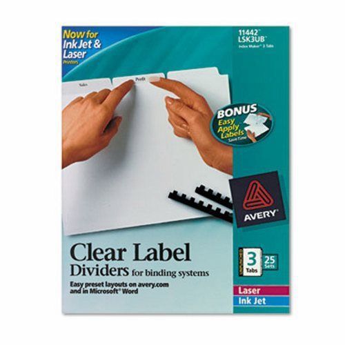 Avery Clear Label Unpunched Divider, 3-Tab, Letter, White, 25 Sets (AVE11442)