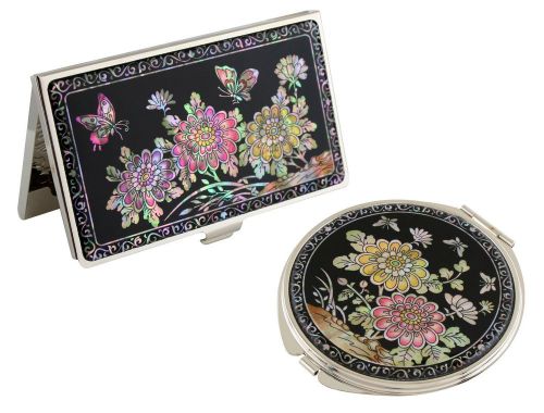 Nacre orchid Business  card holder case Makeup compact mirror gift set #03