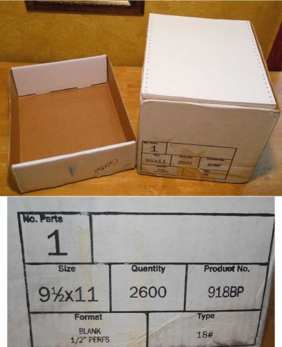 1 box continuous computer paper,9-1/2&#034; x 11&#034;,1 part, blank, 1/2&#034; pref,2600 918bp for sale