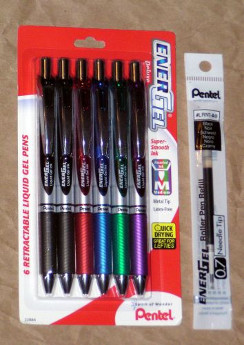 6 New Pentel EnerGel Metal Tip Refillable Color Retractable Gel Pen + Refill