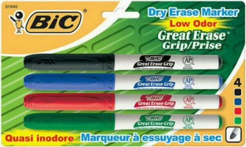 BIC Great Erase Grip Dry Erase Markers, Fine Point, 4 pack