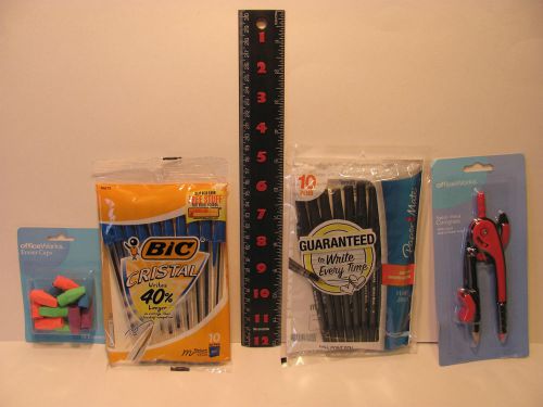 Ruler,1 pack Bic &amp; 1 pack Paper Mate  Pens, 1 pack of Erasers &amp; compass #13