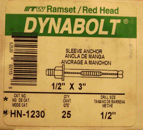 25 -- Dynabolt 1/2&#034; x 3&#034; CONCRETE ANCHORS --- New --- Ramset / Red Head HN-1230