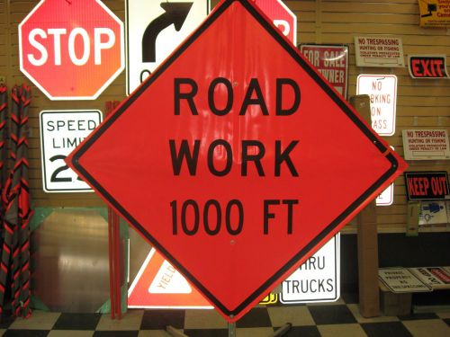 Road Work 1000 ft Fluorescent Vinyl With Ribs Road Sign 48&#034; X 48&#034;