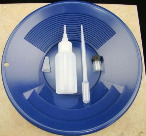 California gold panning kit -10&#034; blue pan-bottle snuffer-bubble sniffer-vial for sale