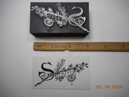 Letterpress Printing Printers Block, Spring, word w Fruit Blossoms &amp; Spider Web