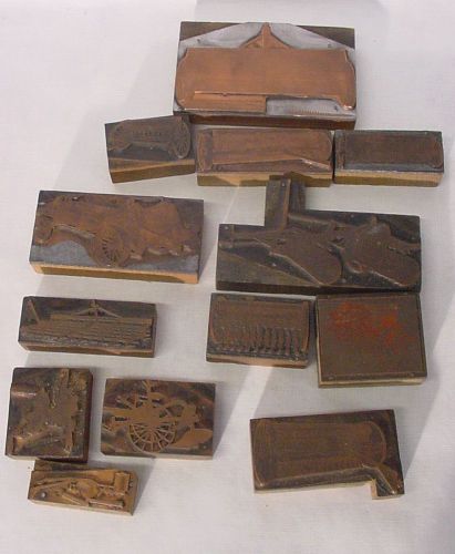 13 antique letterpress copper printers blocks horse drawn farm equipment, for sale