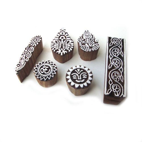 Indian handcarved ganesha &amp; floral pattern wooden printing tags (set of 6) for sale