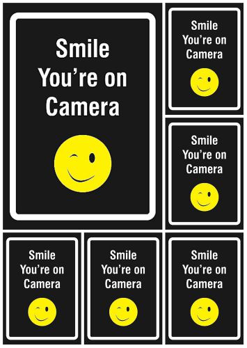 Black Signs 6 Pack Smile You&#039;re On Camera Security System Sign Store Warning s30