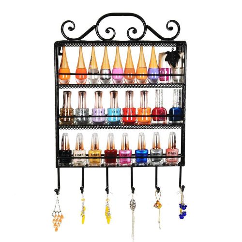 Multi purpose 3 shelf 6 hanging hooks nail polish jewelry display stand holder for sale